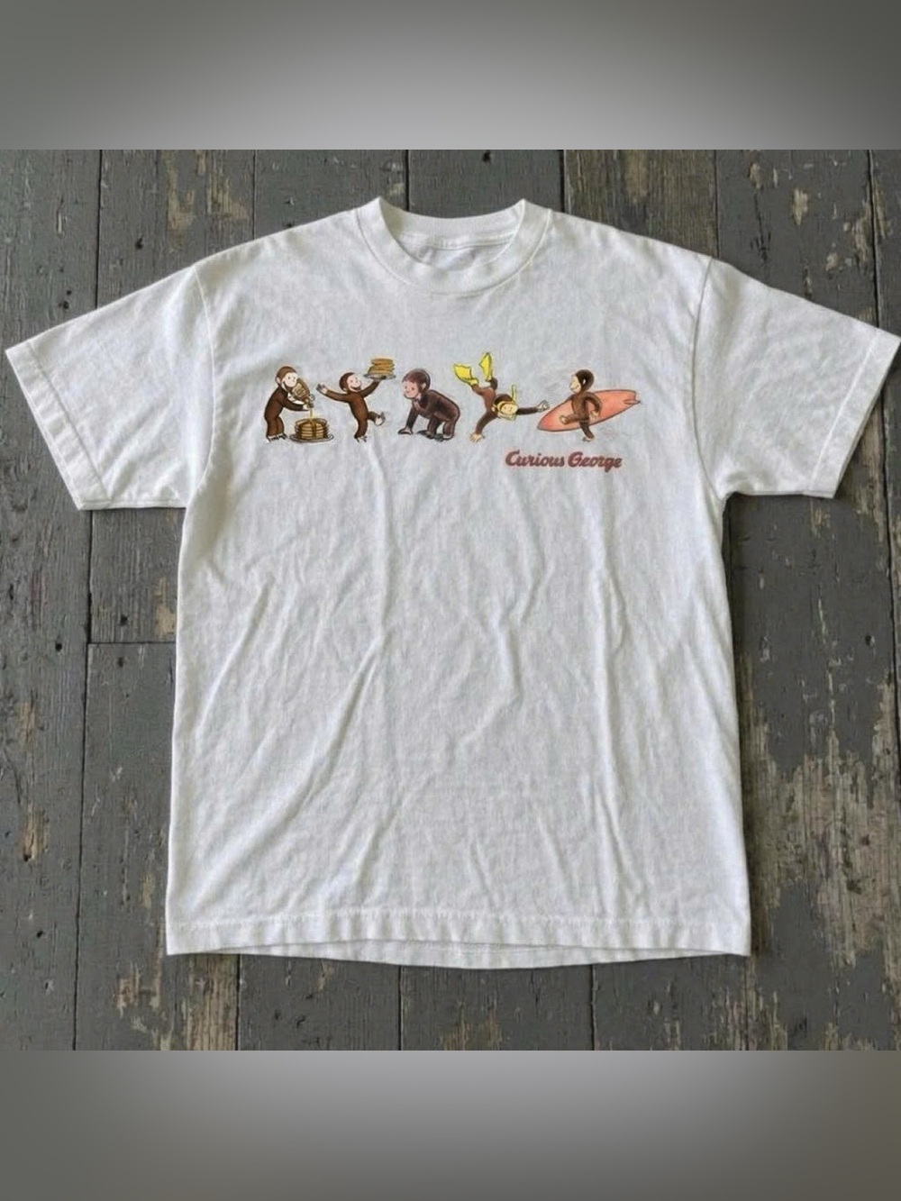 Vintage Curious George Pancakes Surfing Graphic T Shirt White